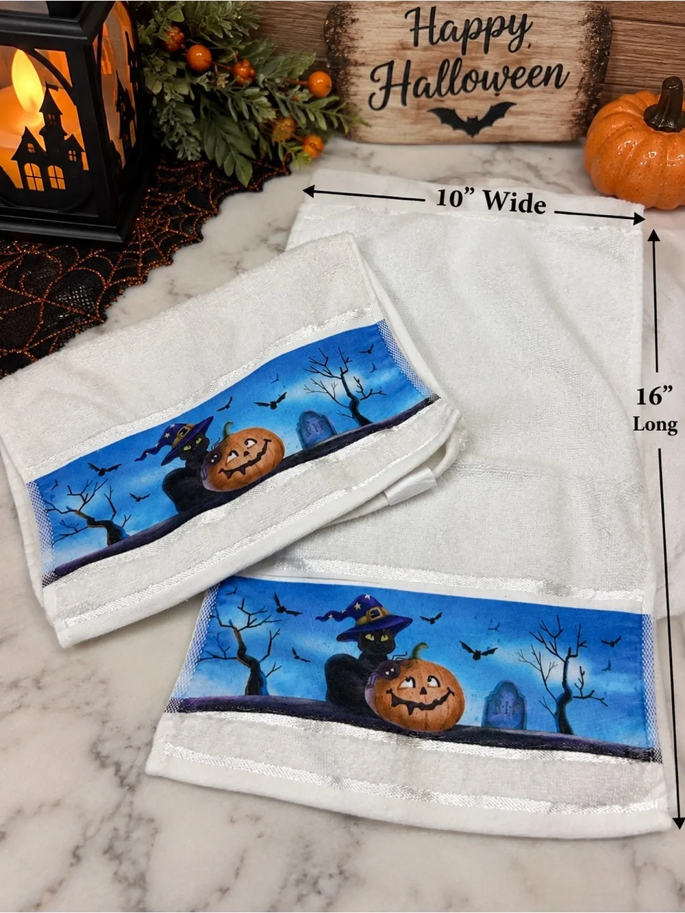 Halloween Hand Towels Set 2 Cat Pumpkin Spider Bats RIP Graveyard Decor 10x16